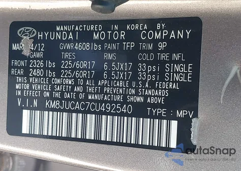 2012 Hyundai Tucson Gls z USA, uszkodzony, nr VIN KM8JUCAC7CU492540